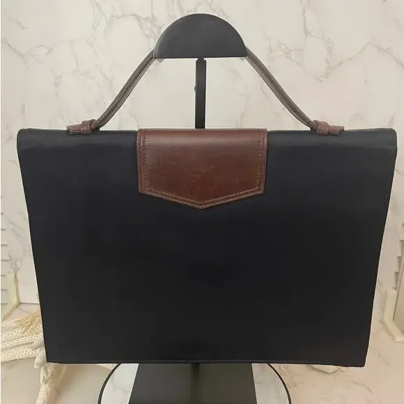 YVES SAINT LAURENT Vintage Top Handle Black Nylon Bag Brown Leather Trim EUC - Picture 6 of 11